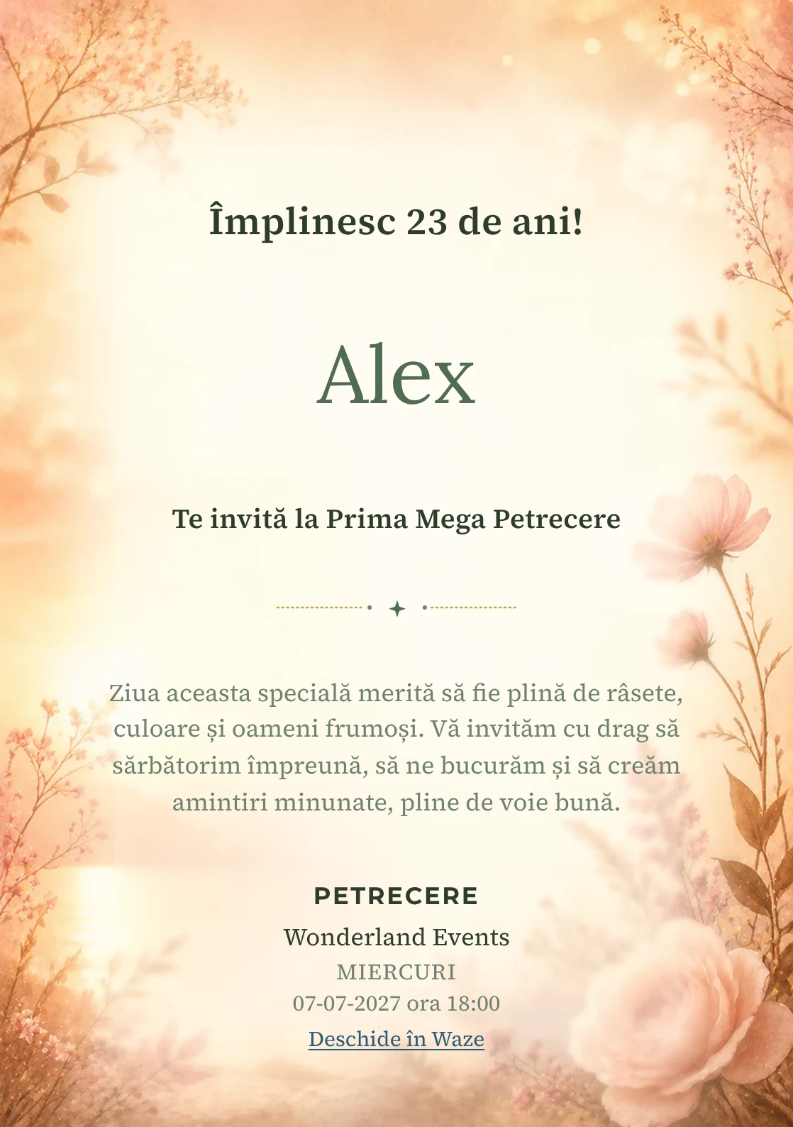 Invitație digitală aniversară Golden Hour, fundal premium cu lumină golden hour, flori rare și nuanțe piersică