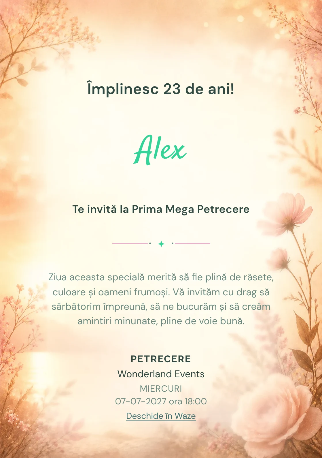 Invitație digitală aniversară Golden Hour, fundal premium cu lumină golden hour, flori rare și nuanțe piersică