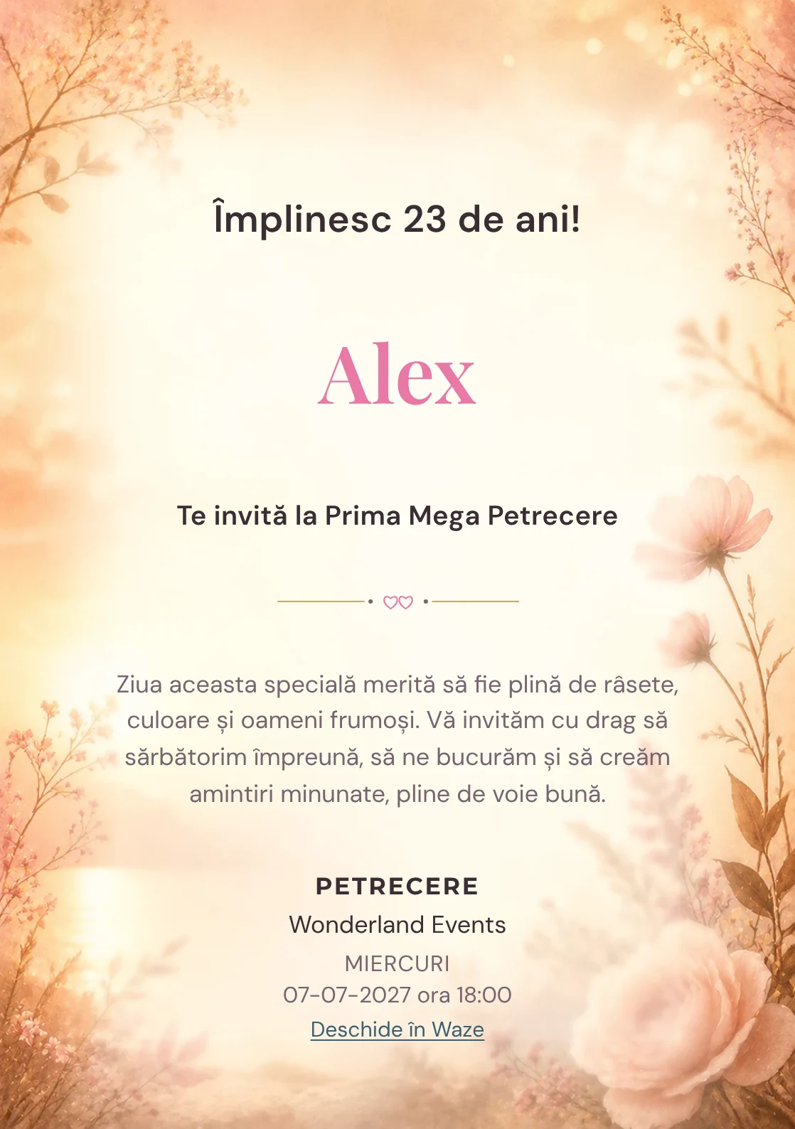 Invitație digitală aniversară Golden Hour, fundal premium cu lumină golden hour, flori rare și nuanțe piersică