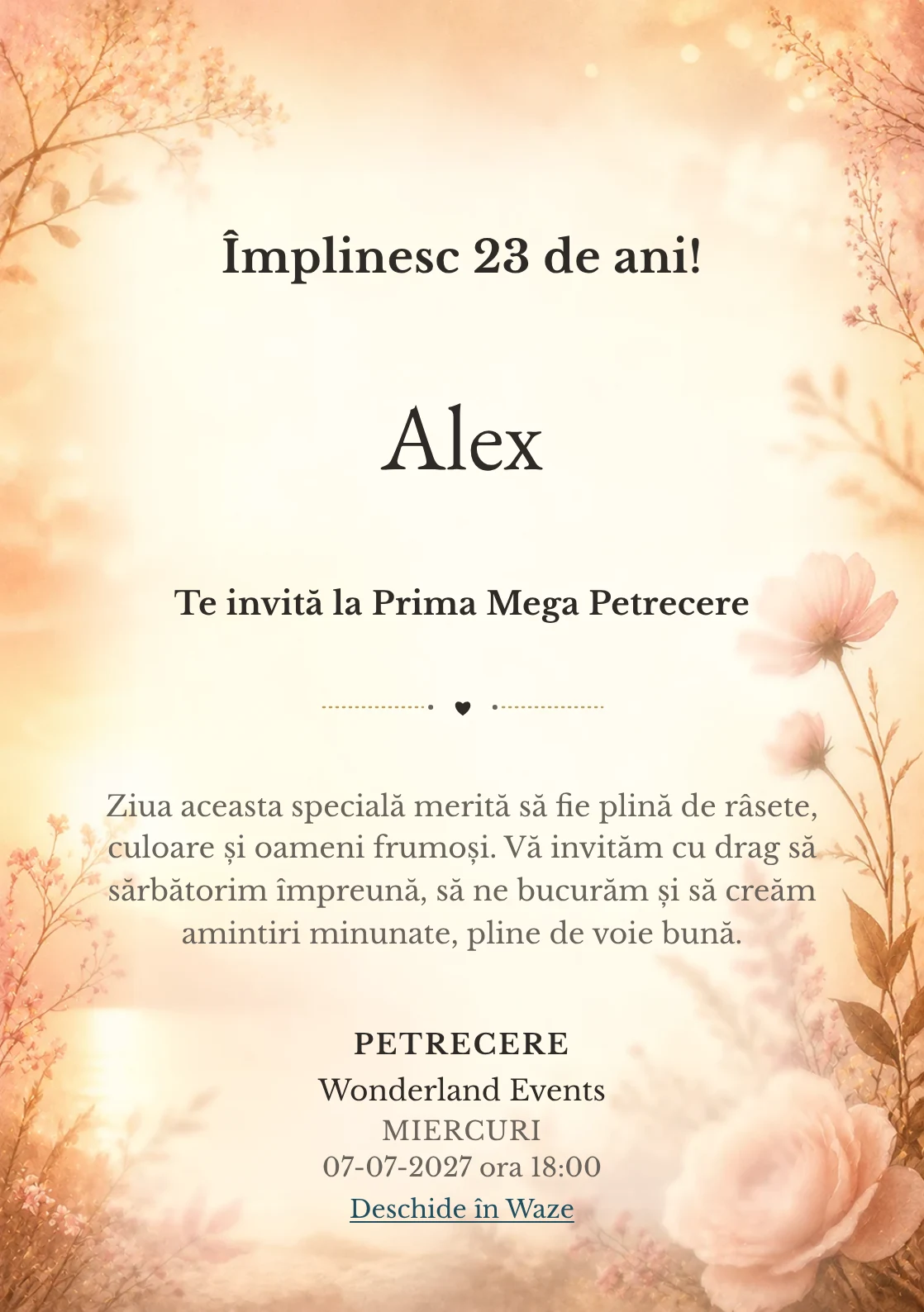 Invitație digitală aniversară Golden Hour, fundal premium cu lumină golden hour, flori rare și nuanțe piersică