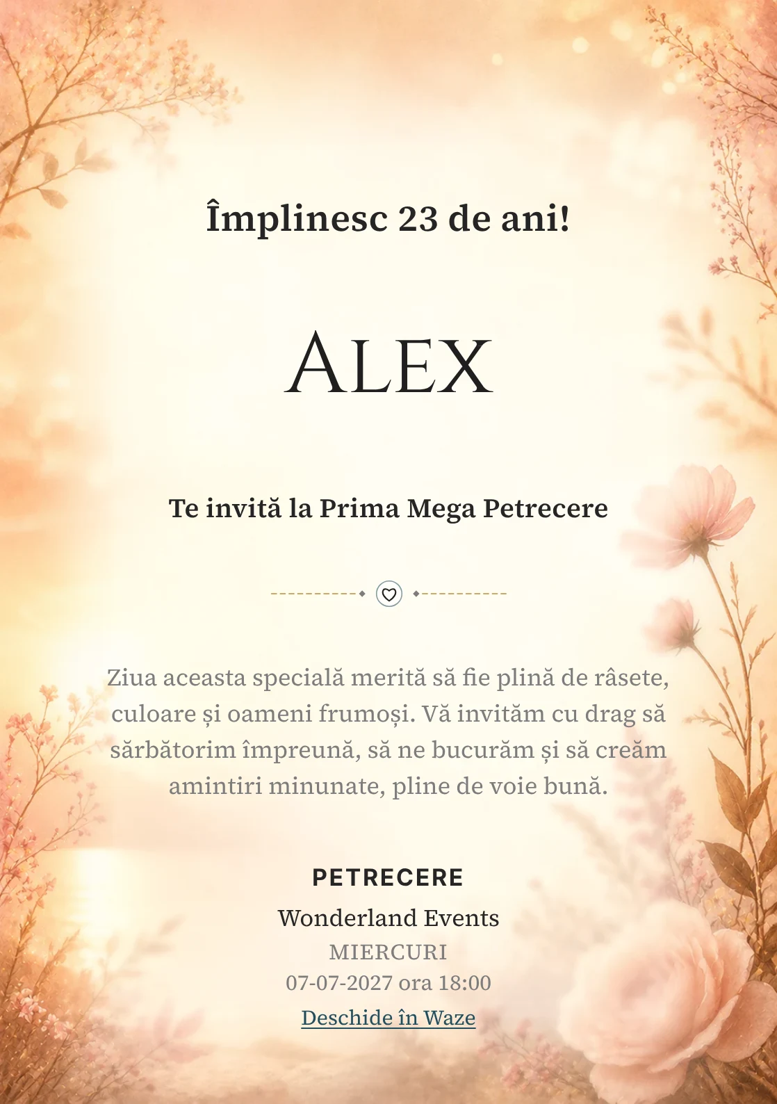 Invitație digitală aniversară Golden Hour, fundal premium cu lumină golden hour, flori rare și nuanțe piersică