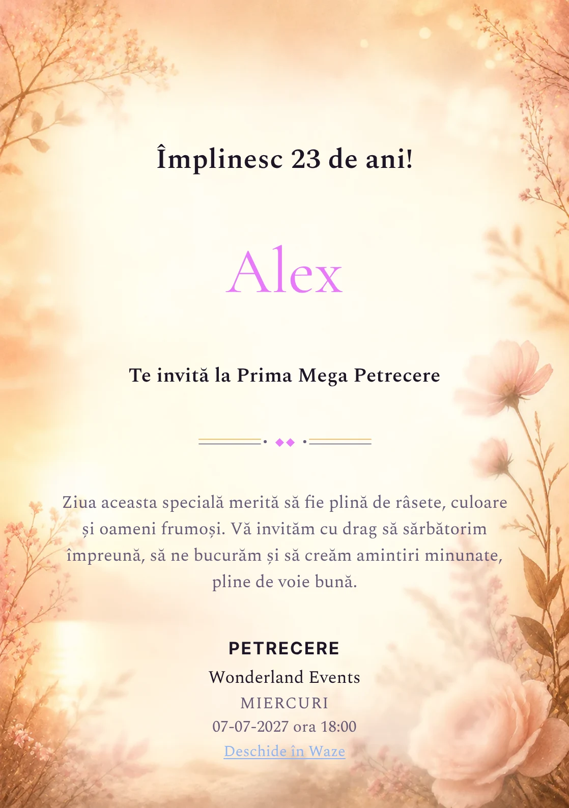 Invitație digitală aniversară Golden Hour, fundal premium cu lumină golden hour, flori rare și nuanțe piersică