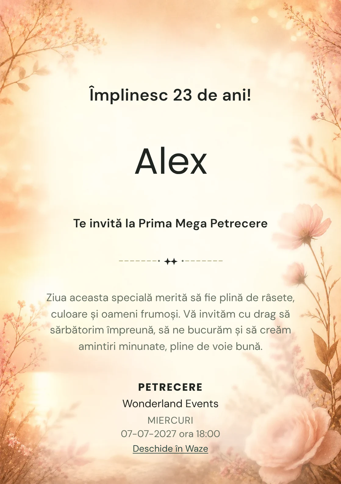 Invitație digitală aniversară Golden Hour, fundal premium cu lumină golden hour, flori rare și nuanțe piersică
