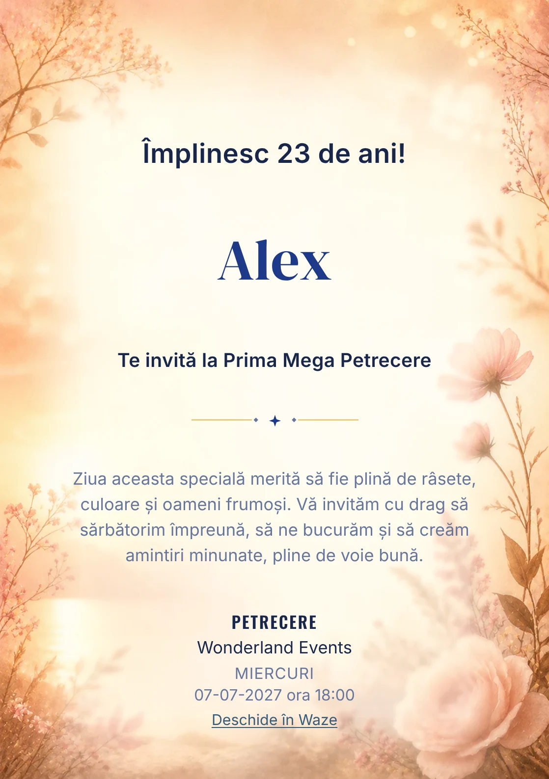 Invitație digitală aniversară Golden Hour, fundal premium cu lumină golden hour, flori rare și nuanțe piersică