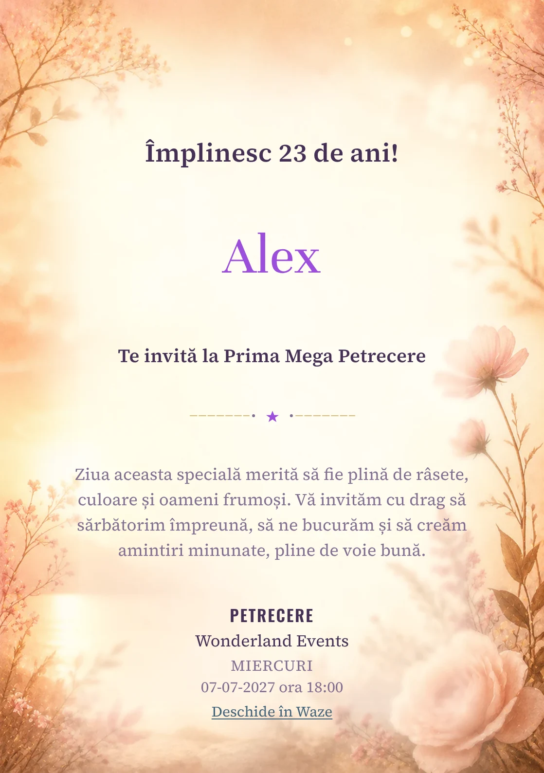 Invitație digitală aniversară Golden Hour, fundal premium cu lumină golden hour, flori rare și nuanțe piersică