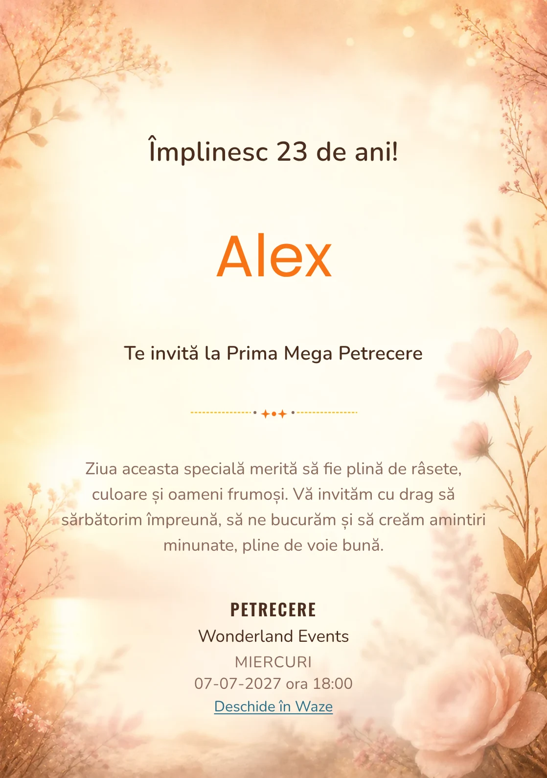 Invitație digitală aniversară Golden Hour, fundal premium cu lumină golden hour, flori rare și nuanțe piersică