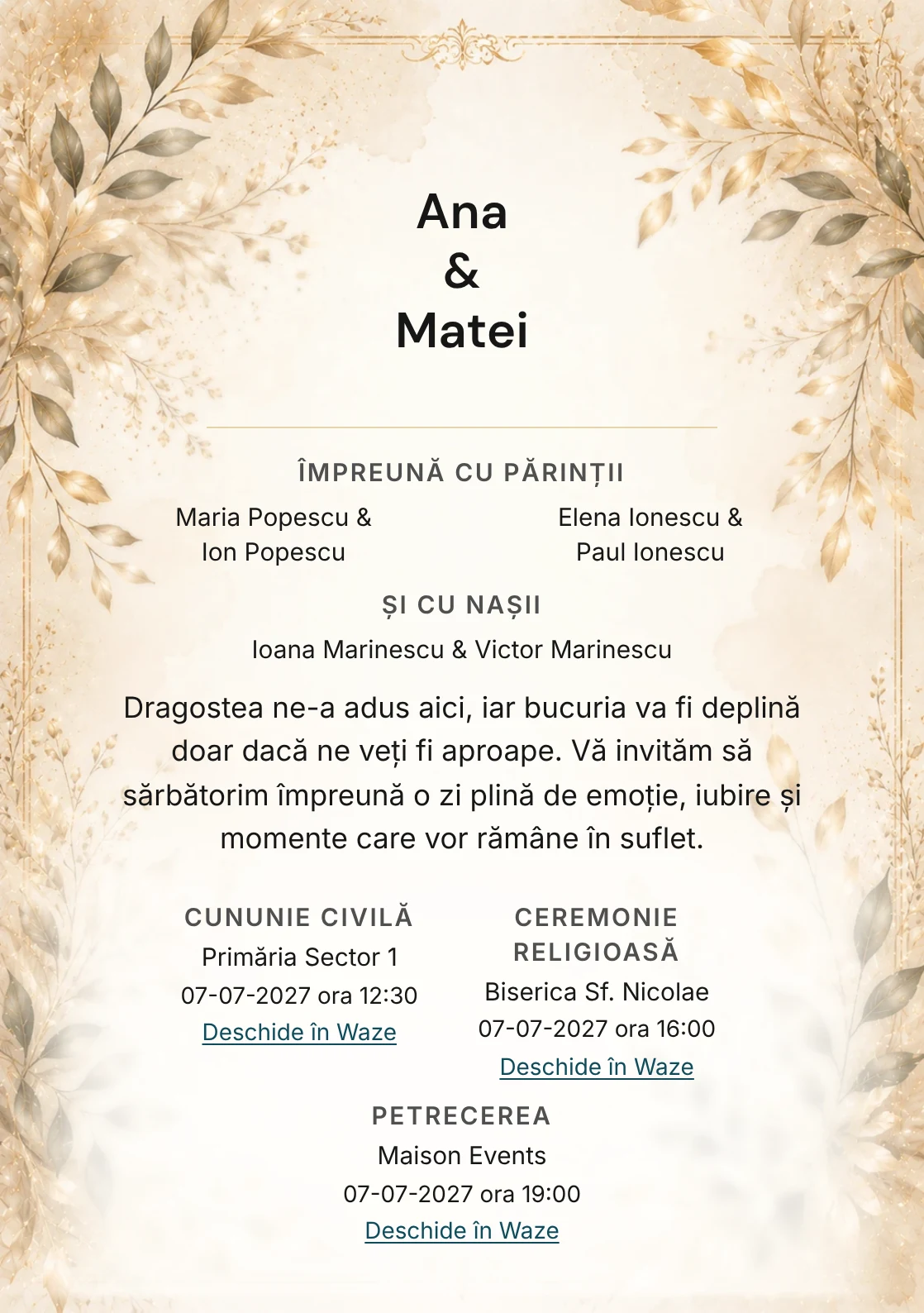 Invitație digitală de nuntă Golden Leaves, fundal cu frunze aurii, potrivit pentru pachetele Basic și Premium