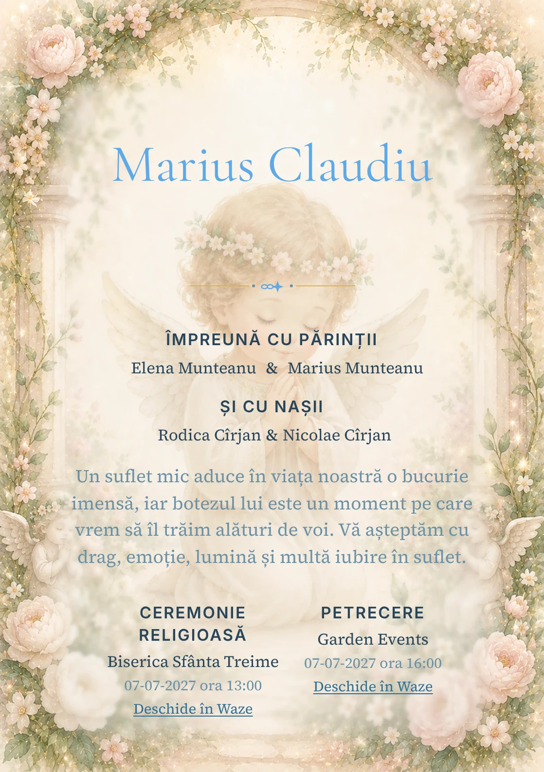Invitație digitală de botez Grădină de Îngeri, fundal cu înger central discret, arcade florale, frunze subțiri și roz pudrat și centru luminos pentru text
