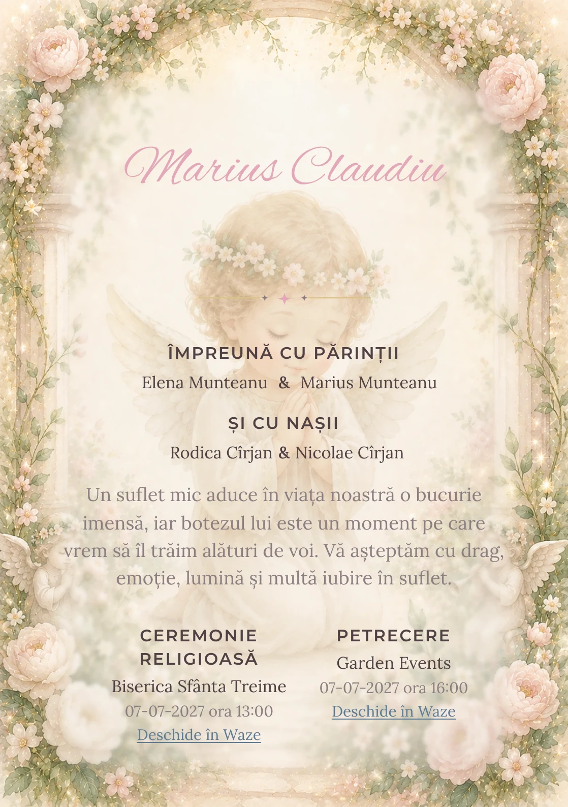 Invitație digitală de botez Grădină de Îngeri, fundal cu înger central discret, arcade florale, frunze subțiri și roz pudrat și centru luminos pentru text