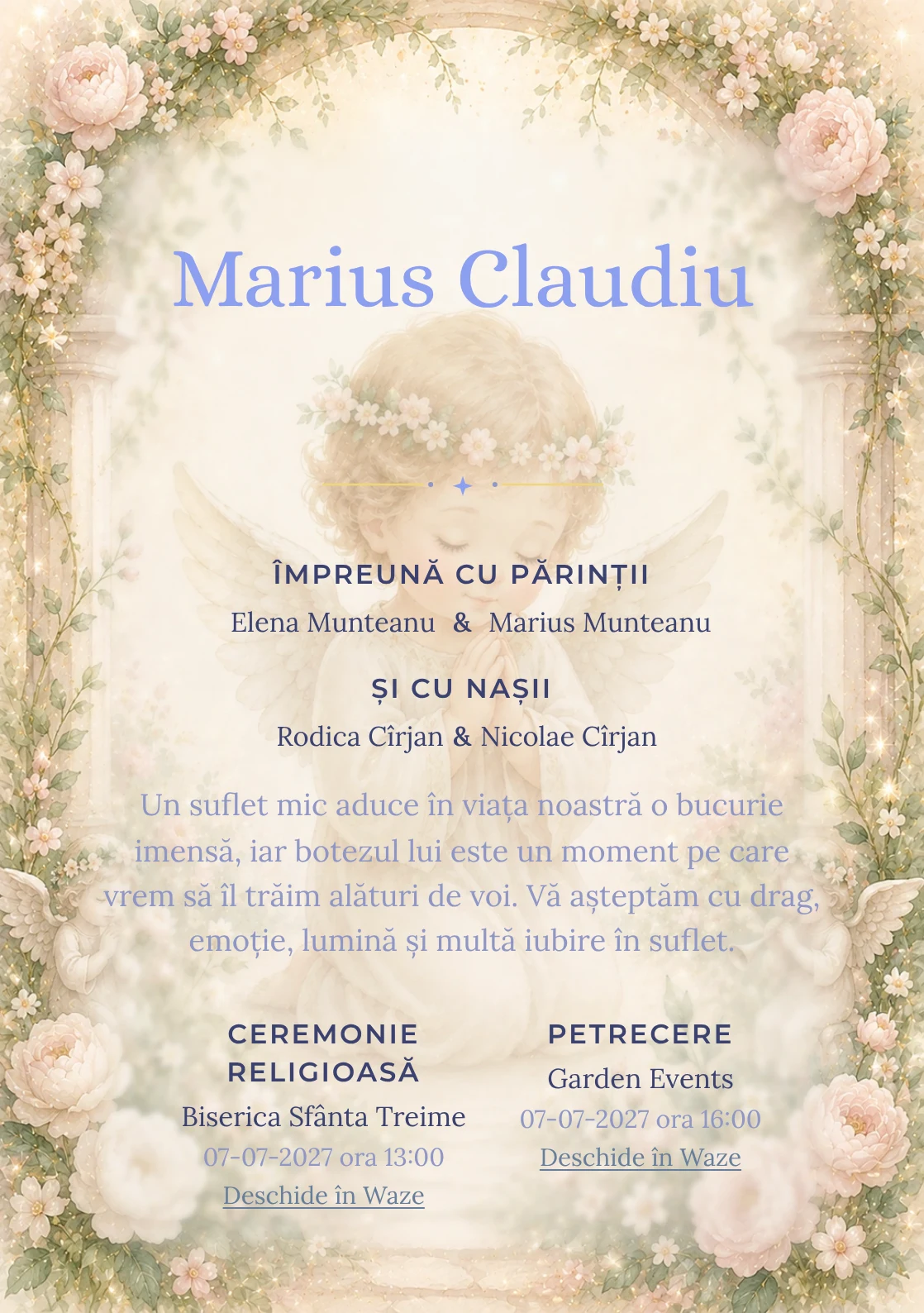 Invitație digitală de botez Grădină de Îngeri, fundal cu înger central discret, arcade florale, frunze subțiri și roz pudrat și centru luminos pentru text