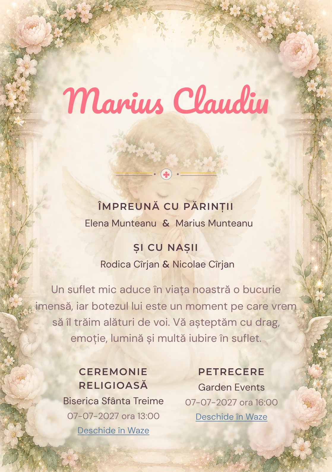 Invitație digitală de botez Grădină de Îngeri, fundal cu înger central discret, arcade florale, frunze subțiri și roz pudrat și centru luminos pentru text