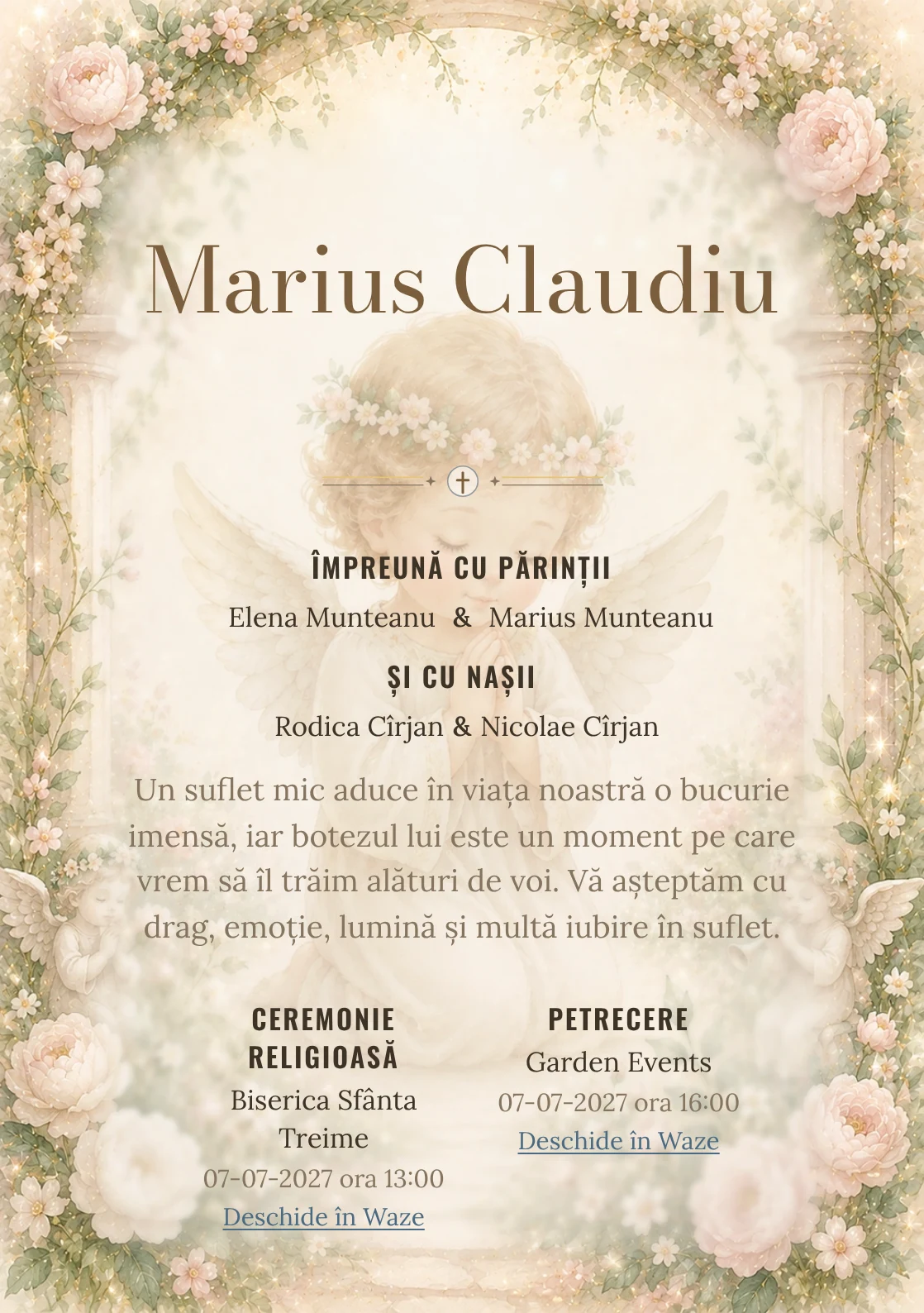 Invitație digitală de botez Grădină de Îngeri, fundal cu înger central discret, arcade florale, frunze subțiri și roz pudrat și centru luminos pentru text