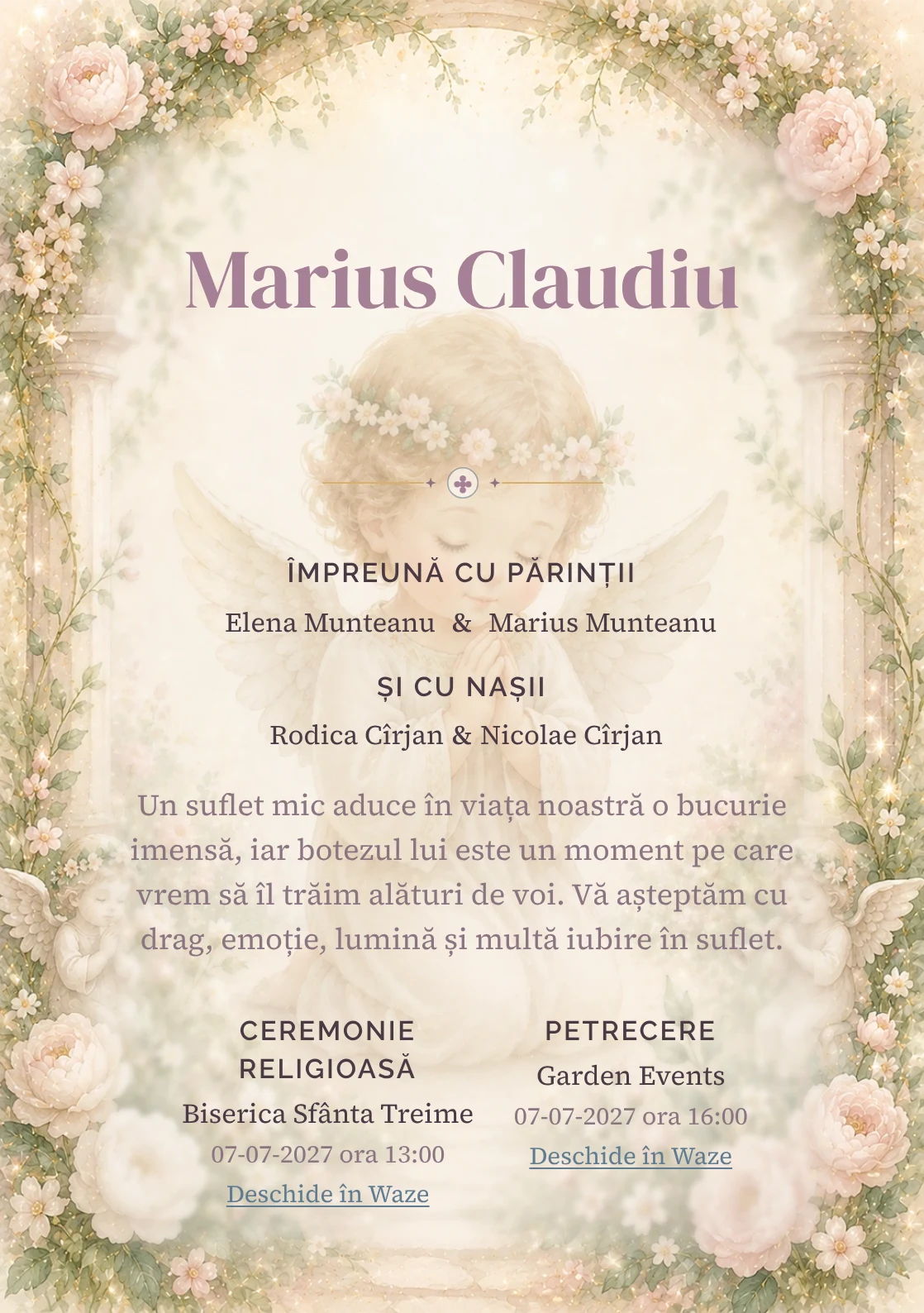 Invitație digitală de botez Grădină de Îngeri, fundal cu înger central discret, arcade florale, frunze subțiri și roz pudrat și centru luminos pentru text