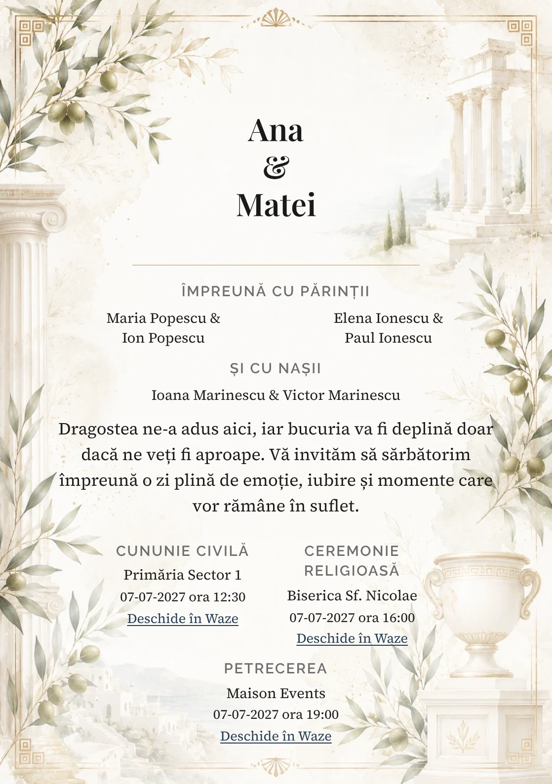 Invitație digitală de nuntă Grecian White, fundal grecian white, potrivit pentru pachetele Basic și Premium