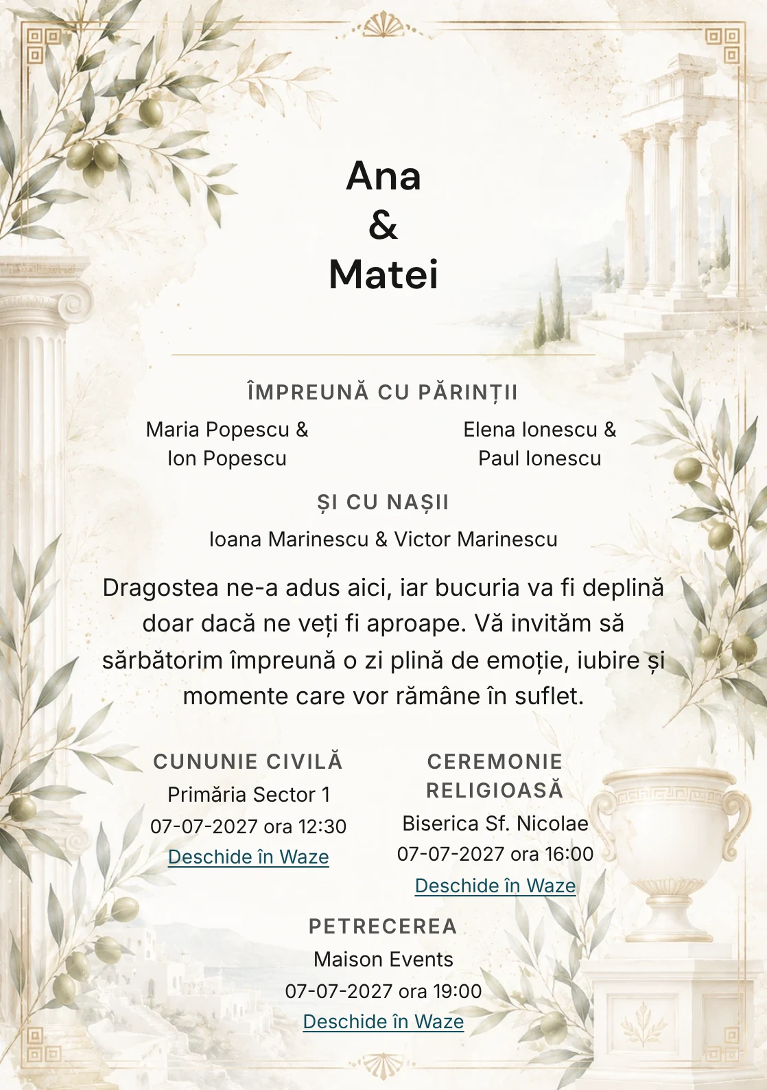 Invitație digitală de nuntă Grecian White, fundal grecian white, potrivit pentru pachetele Basic și Premium