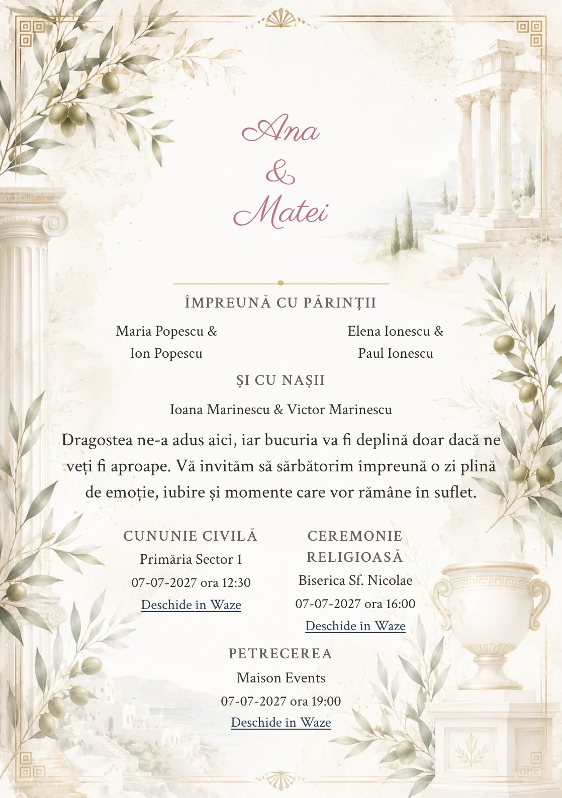 Invitație digitală de nuntă Grecian White, fundal grecian white, potrivit pentru pachetele Basic și Premium