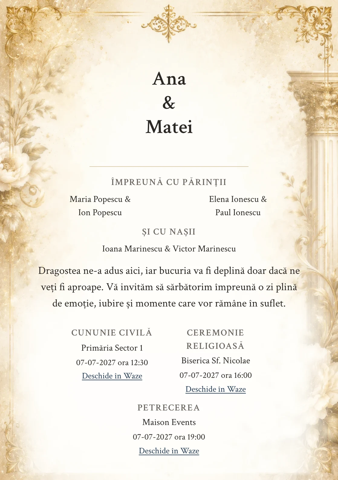 Invitație digitală de nuntă Imperial Gold, fundal imperial gold, potrivit pentru pachetele Basic și Premium