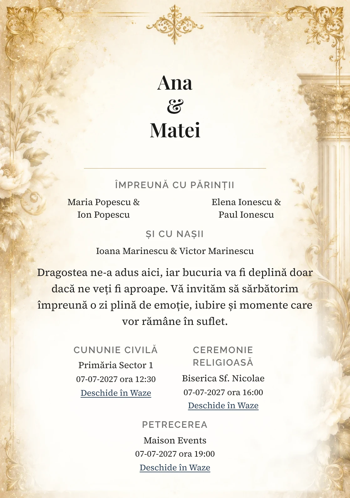 Invitație digitală de nuntă Imperial Gold, fundal imperial gold, potrivit pentru pachetele Basic și Premium