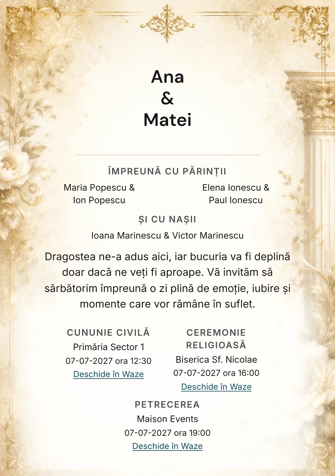 Invitație digitală de nuntă Imperial Gold, fundal imperial gold, potrivit pentru pachetele Basic și Premium