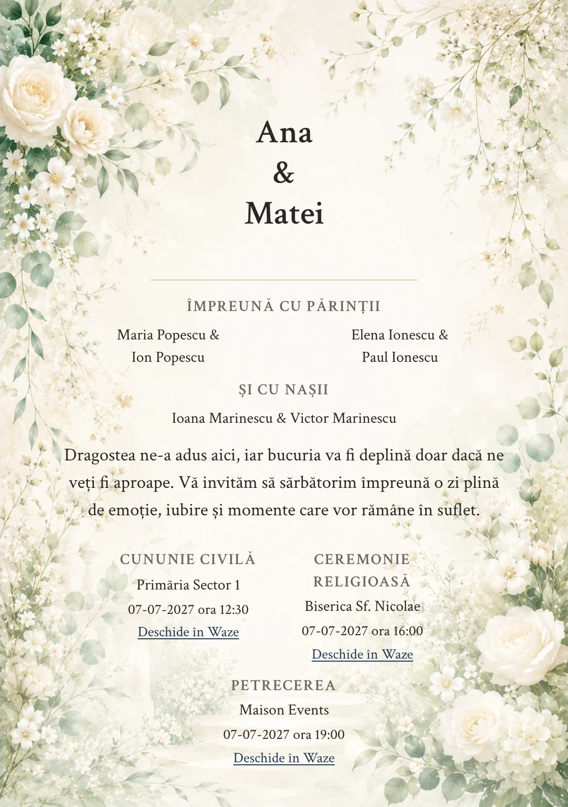 Invitație digitală de nuntă Ivory Garden, fundal ivory garden, potrivit pentru pachetele Basic și Premium