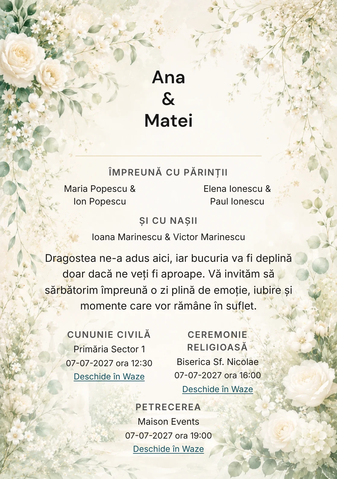 Invitație digitală de nuntă Ivory Garden, fundal ivory garden, potrivit pentru pachetele Basic și Premium