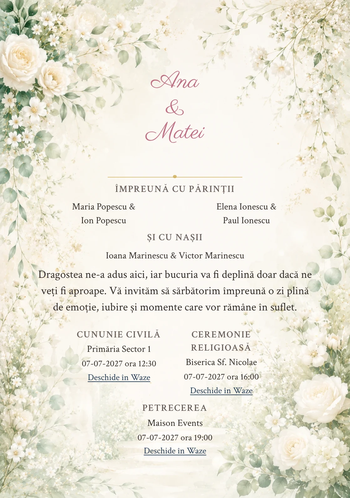 Invitație digitală de nuntă Ivory Garden, fundal ivory garden, potrivit pentru pachetele Basic și Premium