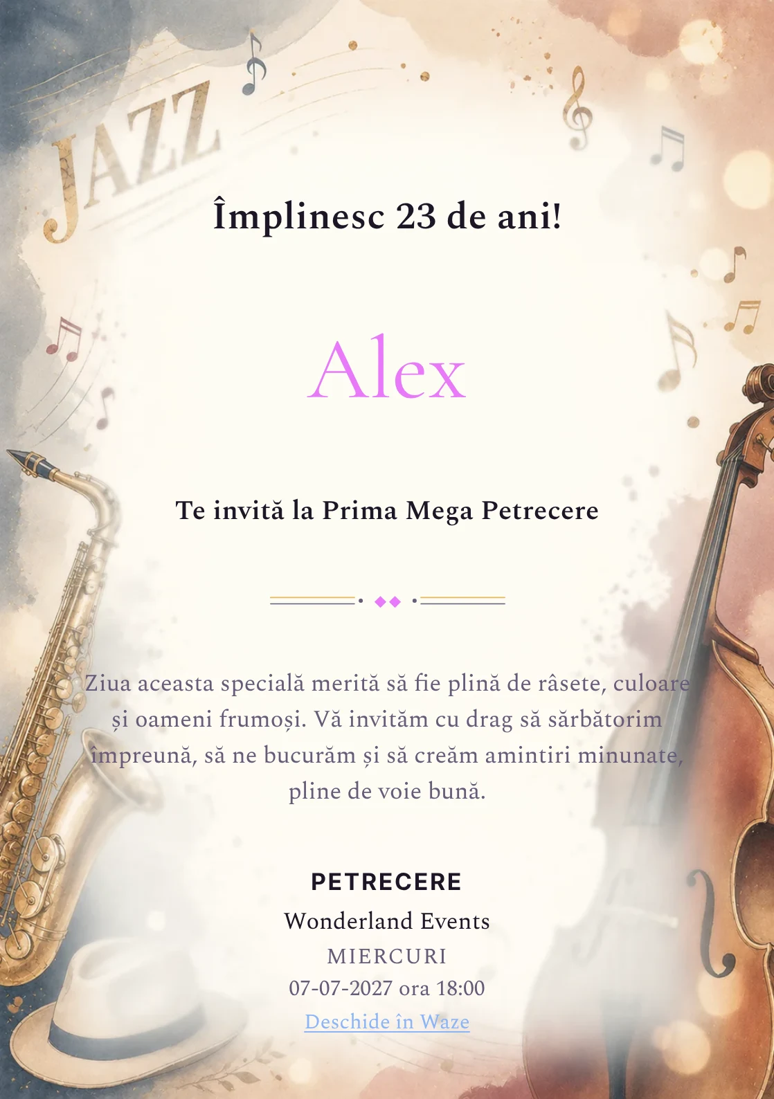 Invitație digitală aniversară Jazz Evening, fundal premium cu note muzicale, instrumente stilizate și bokeh cald