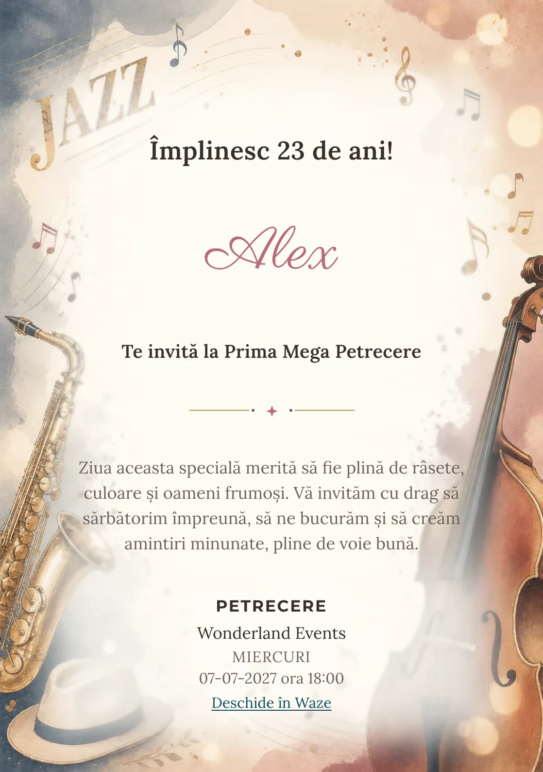 Invitație digitală aniversară Jazz Evening, fundal premium cu note muzicale, instrumente stilizate și bokeh cald