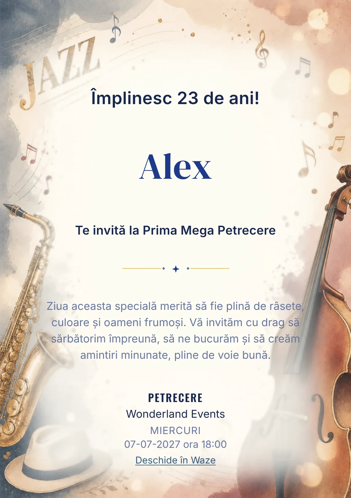 Invitație digitală aniversară Jazz Evening, fundal premium cu note muzicale, instrumente stilizate și bokeh cald