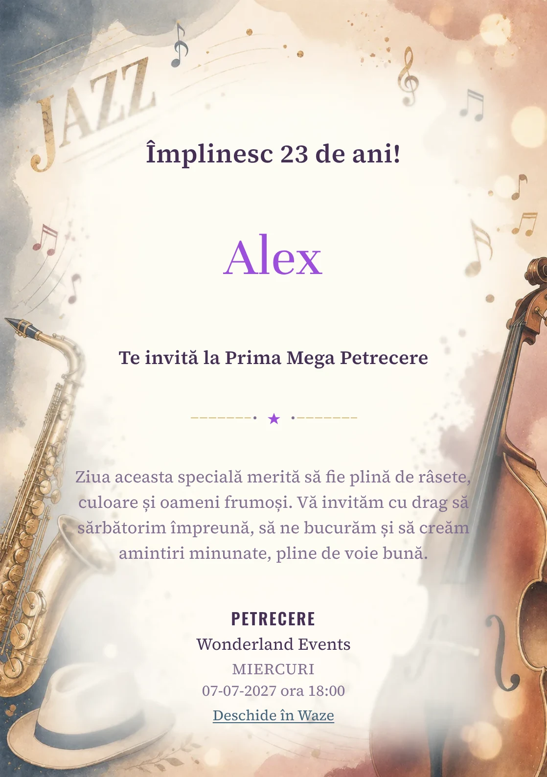 Invitație digitală aniversară Jazz Evening, fundal premium cu note muzicale, instrumente stilizate și bokeh cald