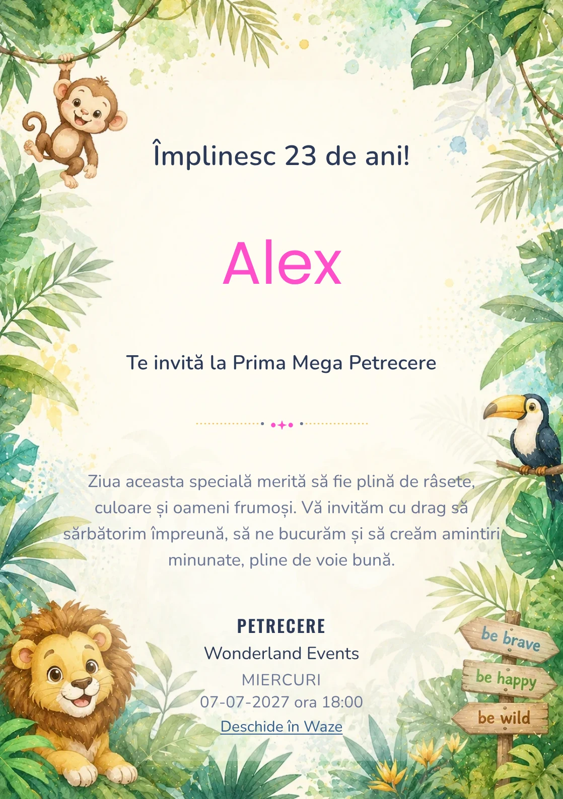 Invitație digitală de zi de naștere Jungle Fun, fundal pastel cu animale simpatice, frunze tropicale și tonuri jungle