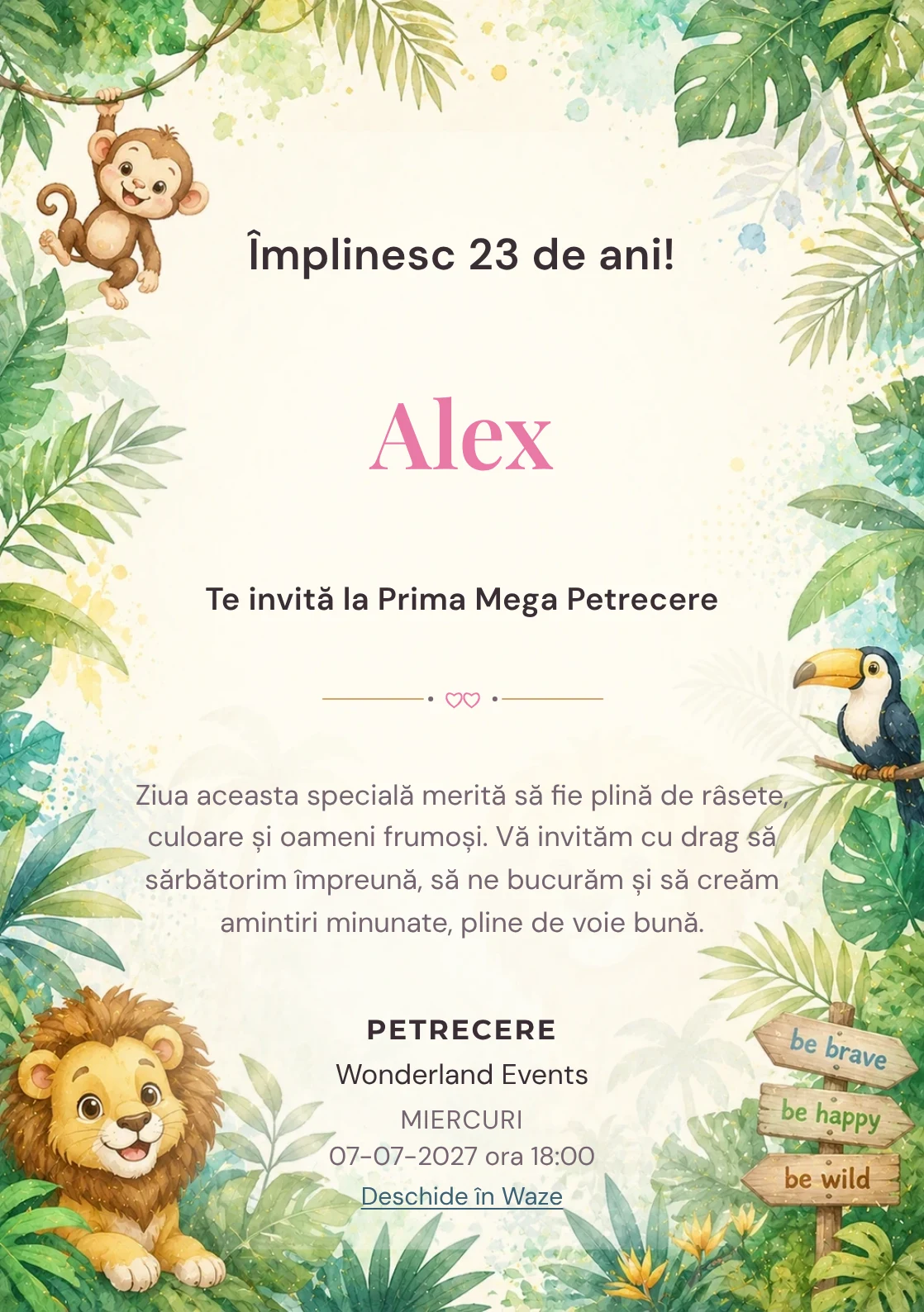 Invitație digitală de zi de naștere Jungle Fun, fundal pastel cu animale simpatice, frunze tropicale și tonuri jungle