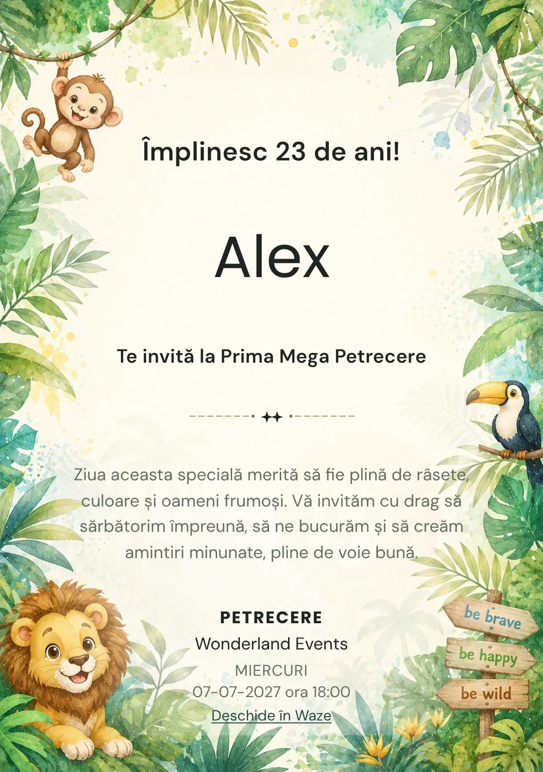 Invitație digitală de zi de naștere Jungle Fun, fundal pastel cu animale simpatice, frunze tropicale și tonuri jungle