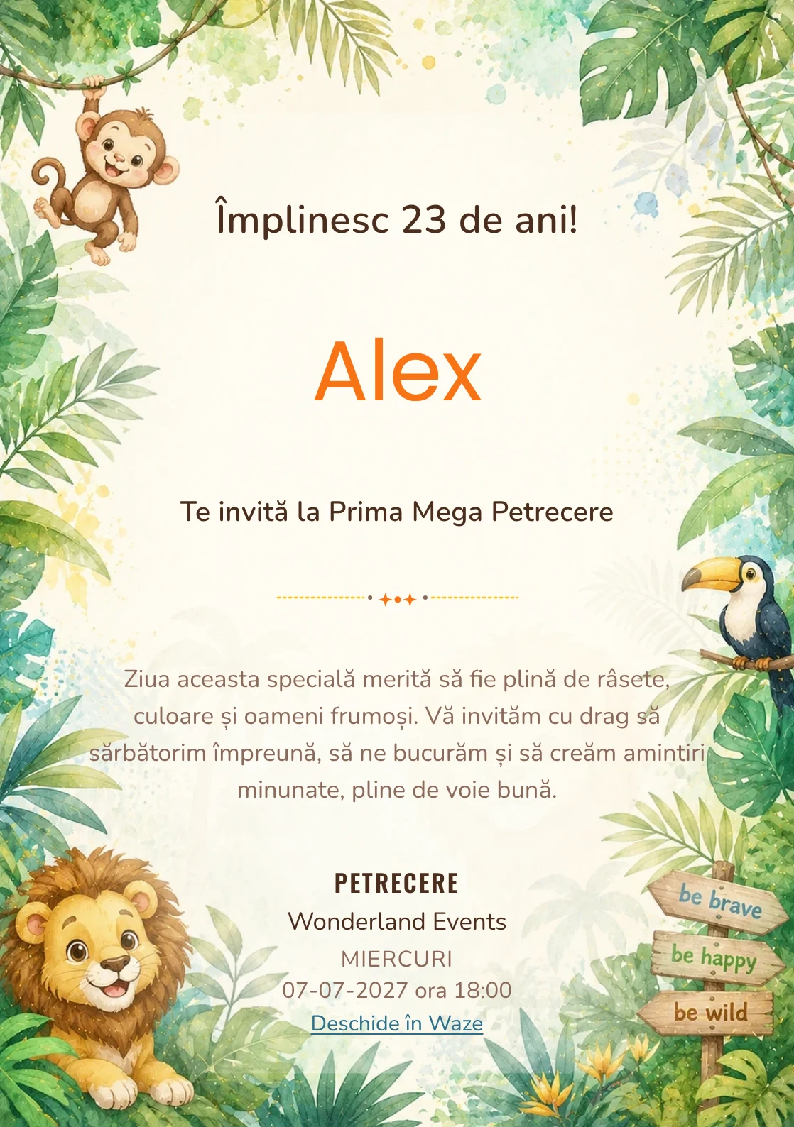 Invitație digitală de zi de naștere Jungle Fun, fundal pastel cu animale simpatice, frunze tropicale și tonuri jungle
