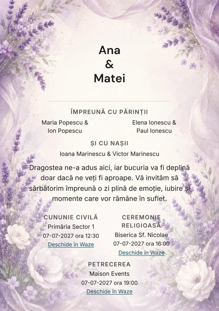 Imaginea Lavandă Fină, pentru invitații de nuntă, este definită de flori de lavandă și tonuri de lavandă, lila și ivory.