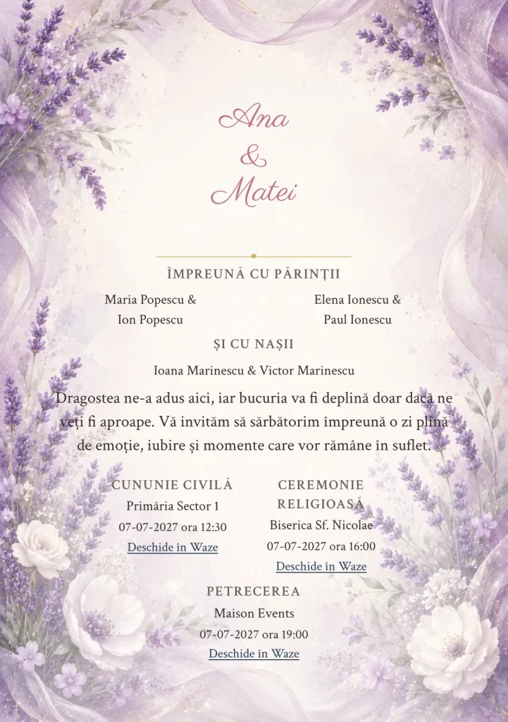Imaginea Lavandă Fină, pentru invitații de nuntă, este definită de flori de lavandă și tonuri de lavandă, lila și ivory.