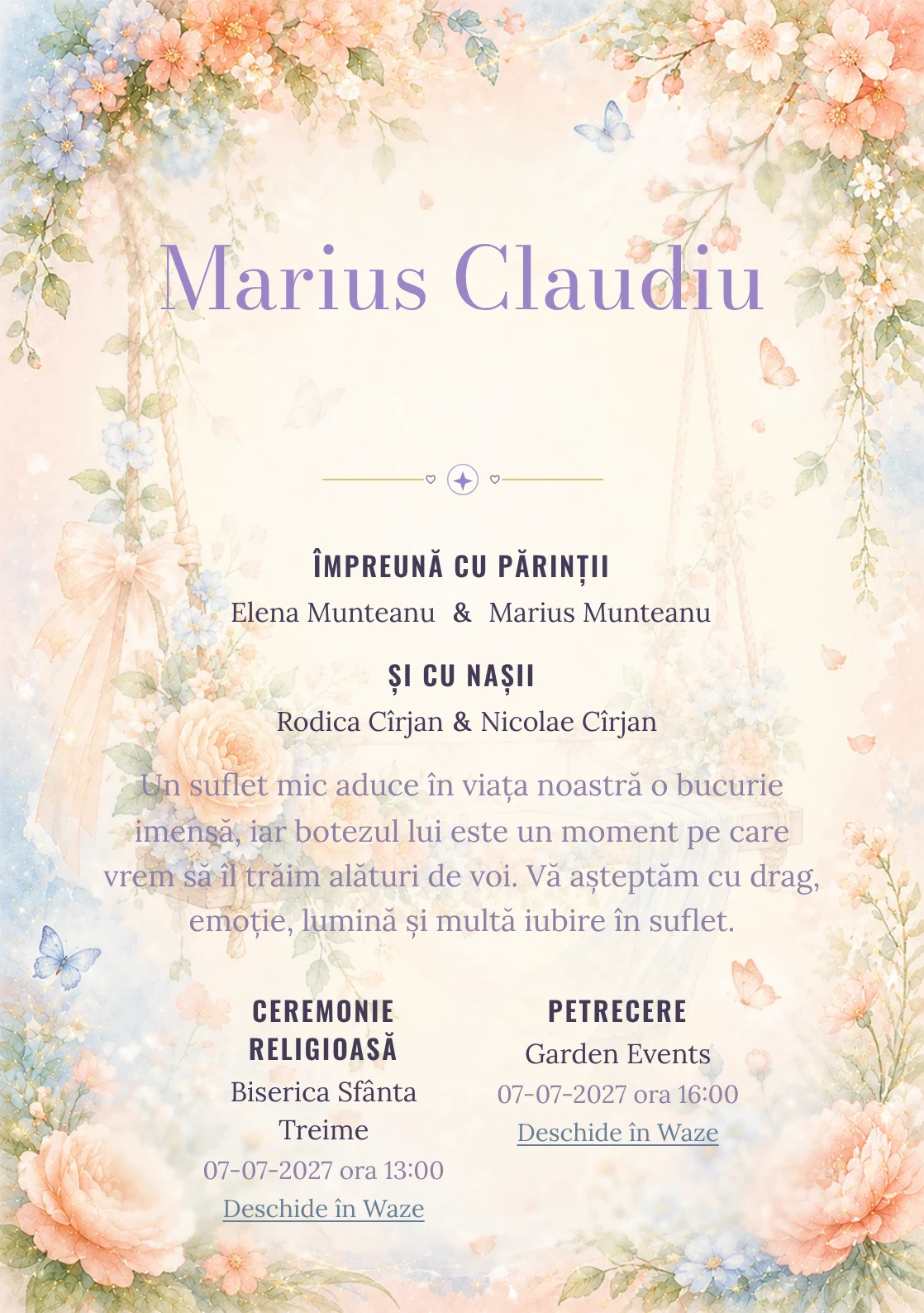 Invitație digitală de botez Leagăn cu Flori, fundal cu leagăn decorativ înconjurat de flori, piersică, bleu pal și verde salvie și centru luminos pentru text