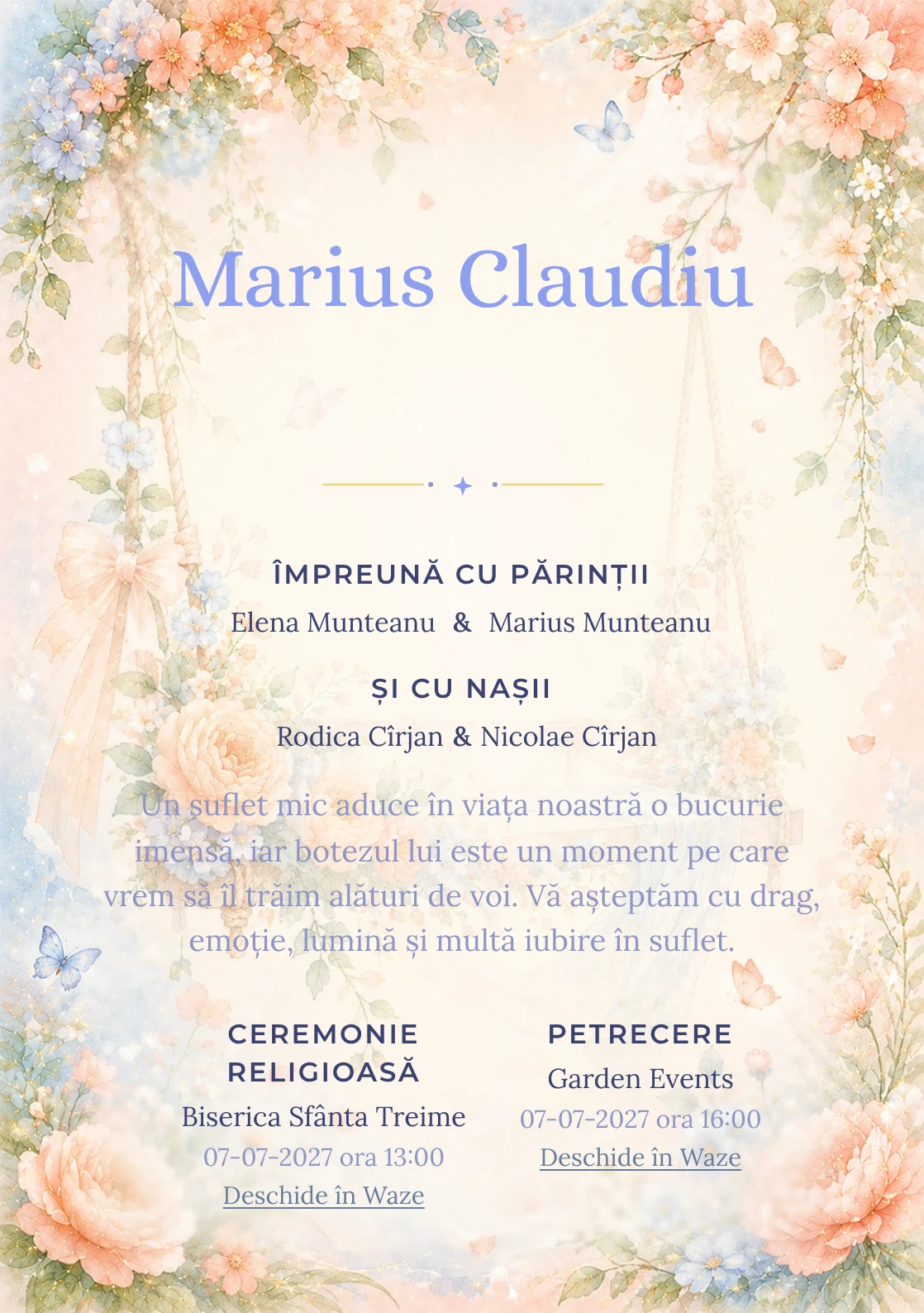Invitație digitală de botez Leagăn cu Flori, fundal cu leagăn decorativ înconjurat de flori, piersică, bleu pal și verde salvie și centru luminos pentru text