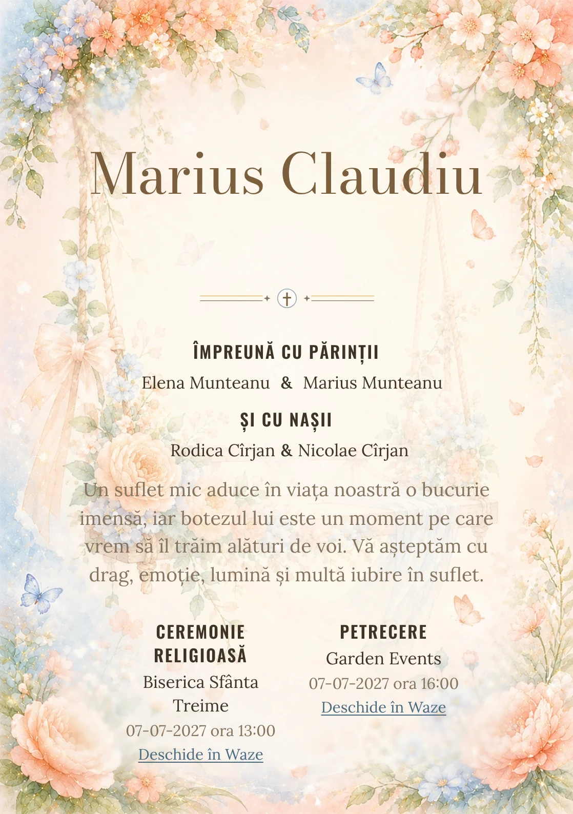 Invitație digitală de botez Leagăn cu Flori, fundal cu leagăn decorativ înconjurat de flori, piersică, bleu pal și verde salvie și centru luminos pentru text