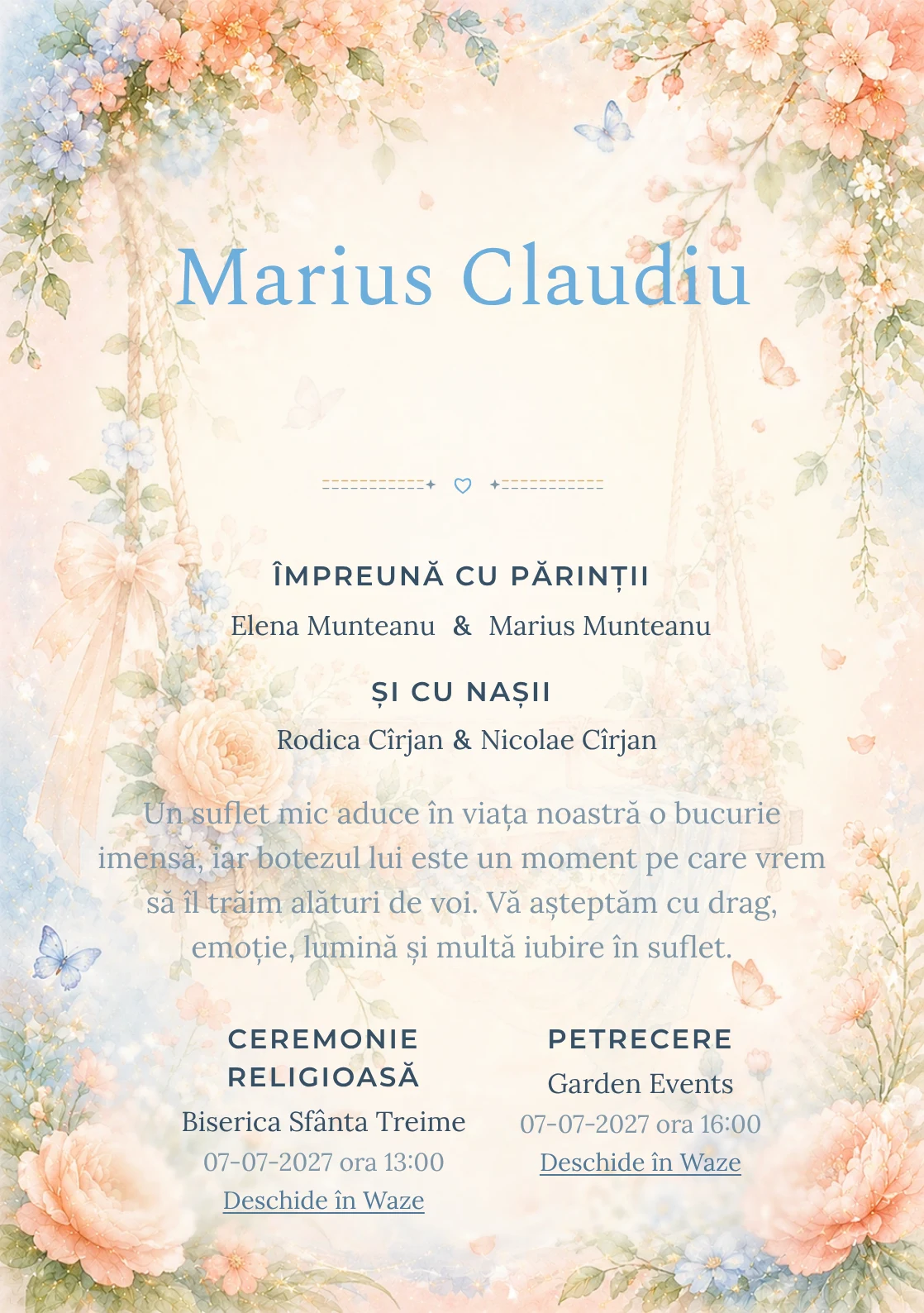 Invitație digitală de botez Leagăn cu Flori, fundal cu leagăn decorativ înconjurat de flori, piersică, bleu pal și verde salvie și centru luminos pentru text