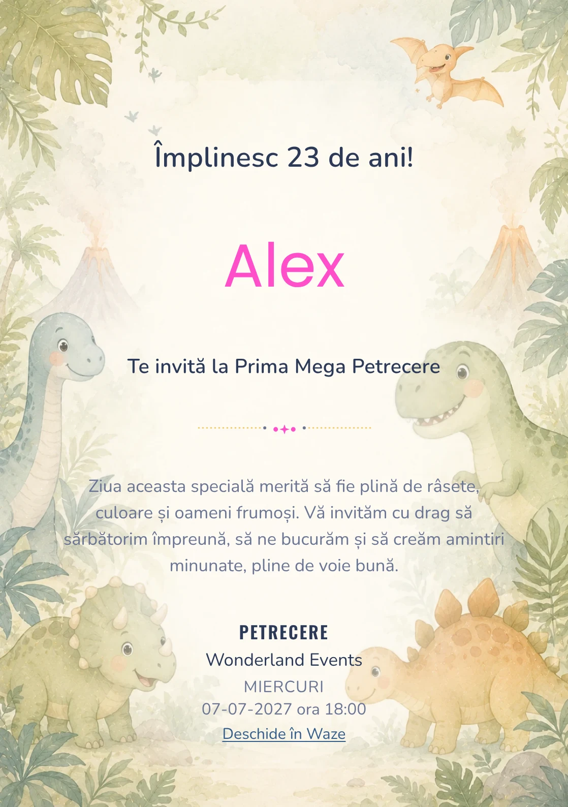 Invitație digitală de zi de naștere Lumea Dino, fundal pastel cu familie de dinozauri, frunze și vulcani soft