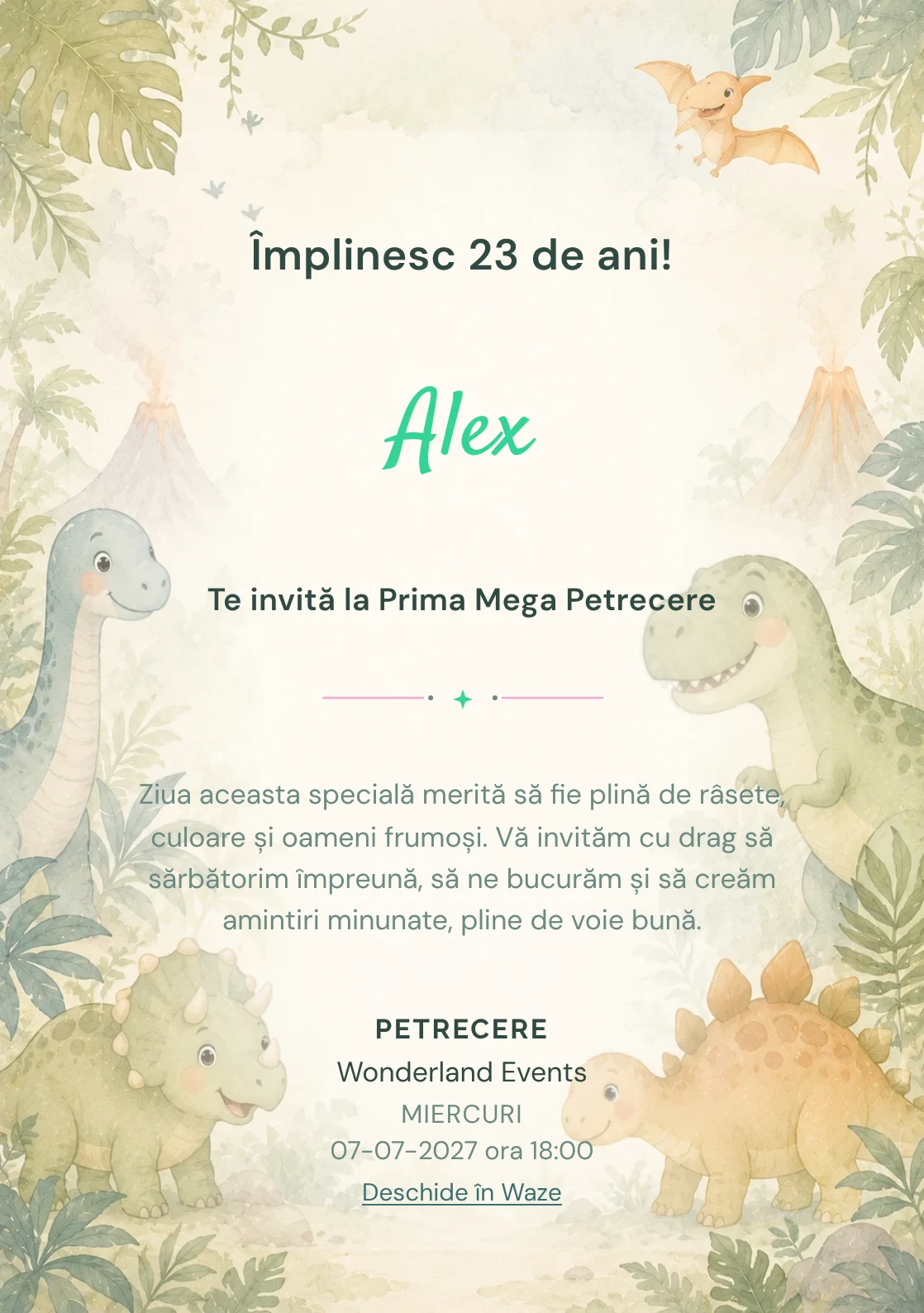 Invitație digitală de zi de naștere Lumea Dino, fundal pastel cu familie de dinozauri, frunze și vulcani soft
