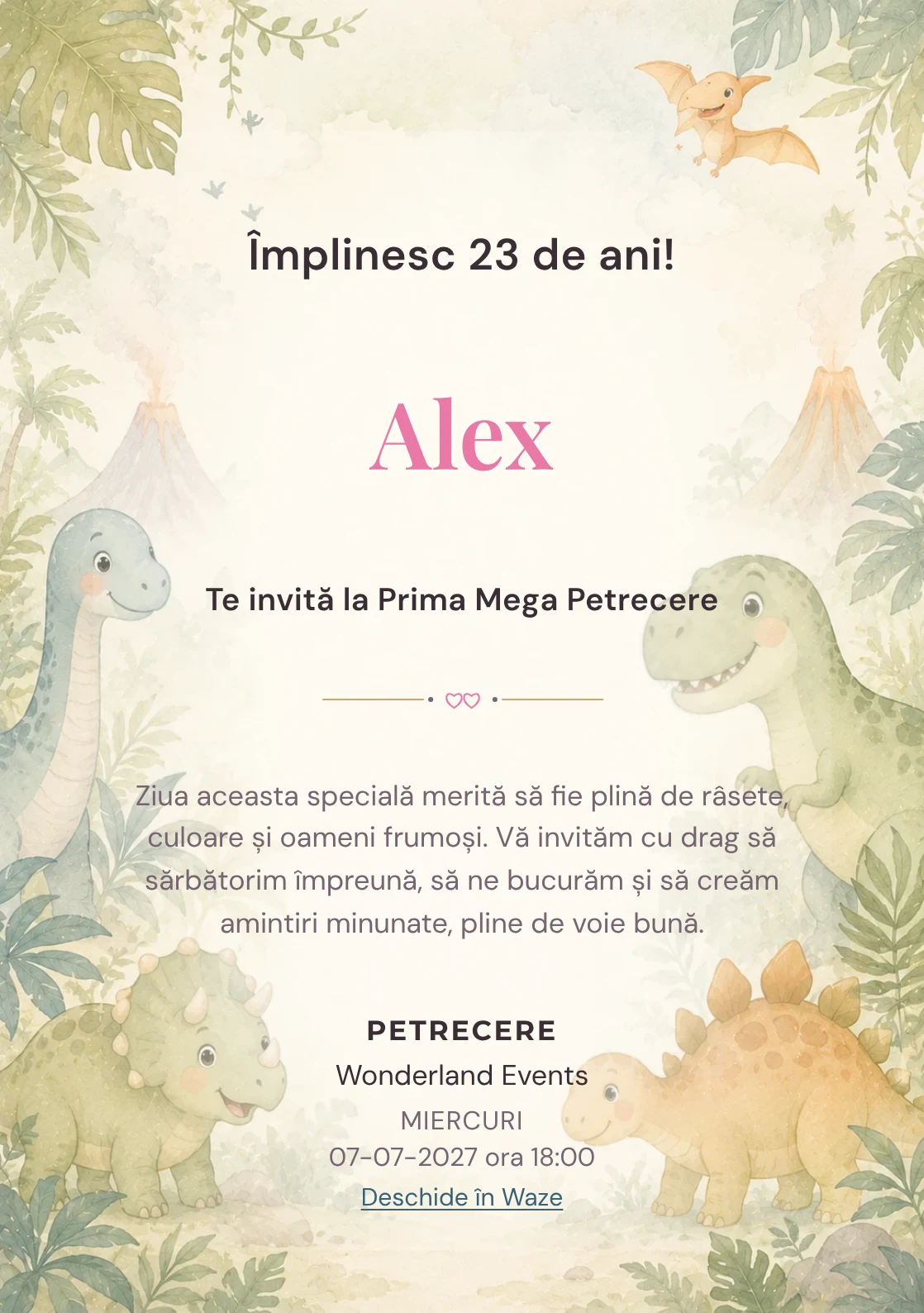 Invitație digitală de zi de naștere Lumea Dino, fundal pastel cu familie de dinozauri, frunze și vulcani soft