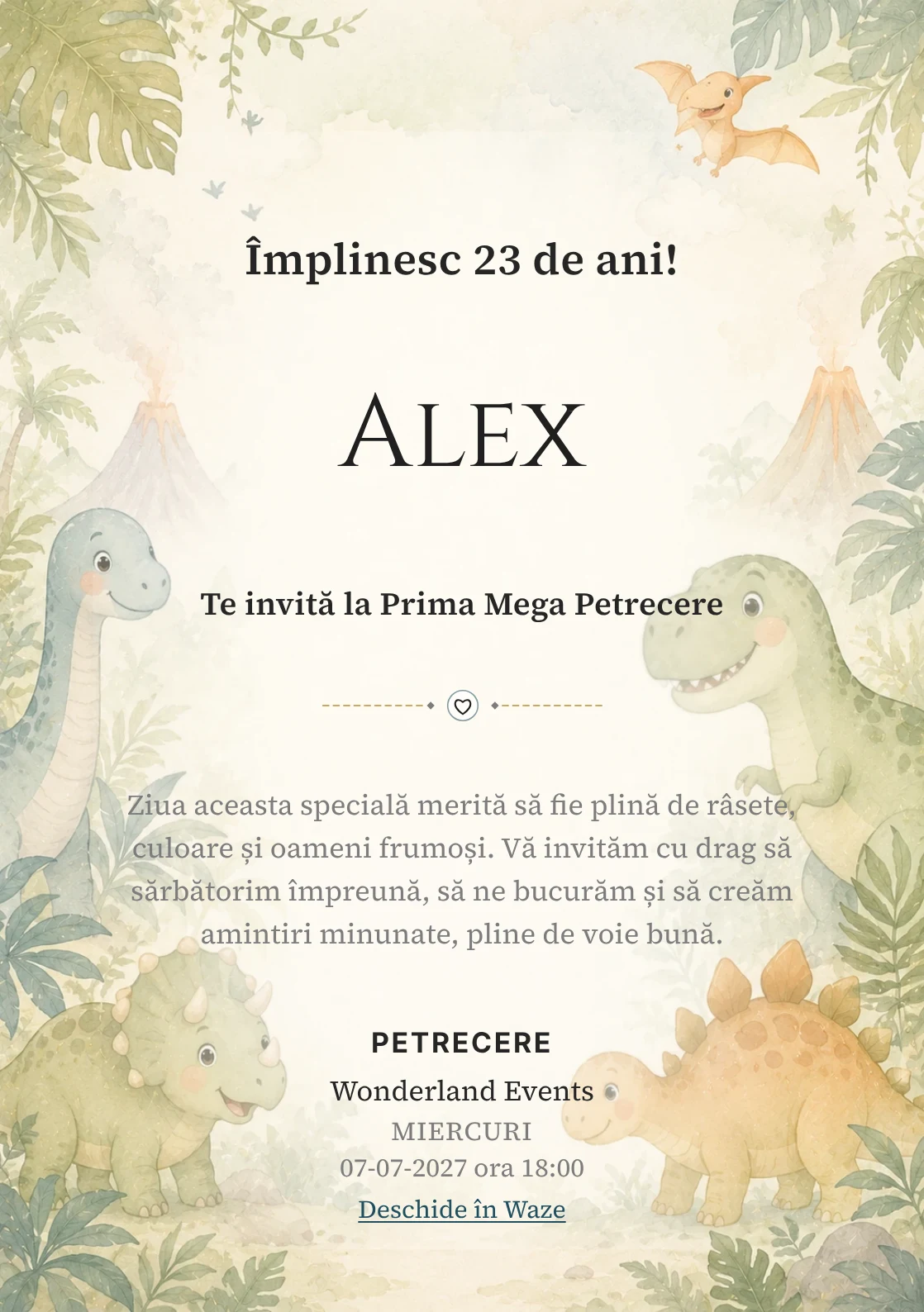 Invitație digitală de zi de naștere Lumea Dino, fundal pastel cu familie de dinozauri, frunze și vulcani soft