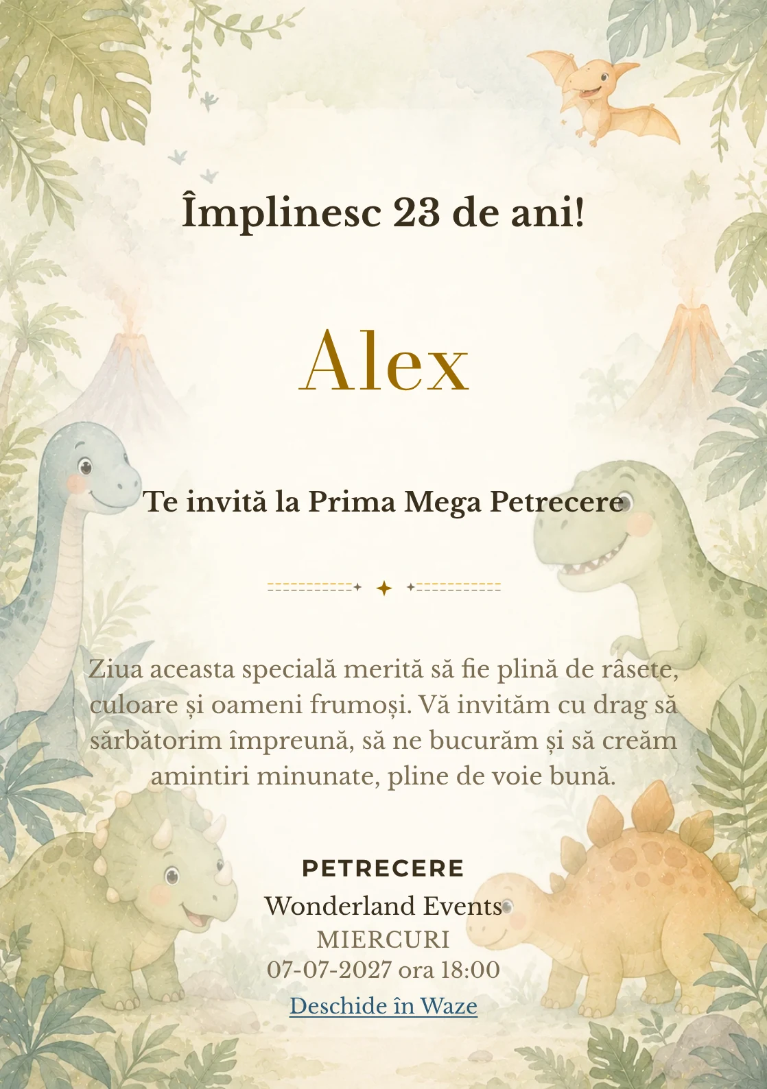 Invitație digitală de zi de naștere Lumea Dino, fundal pastel cu familie de dinozauri, frunze și vulcani soft
