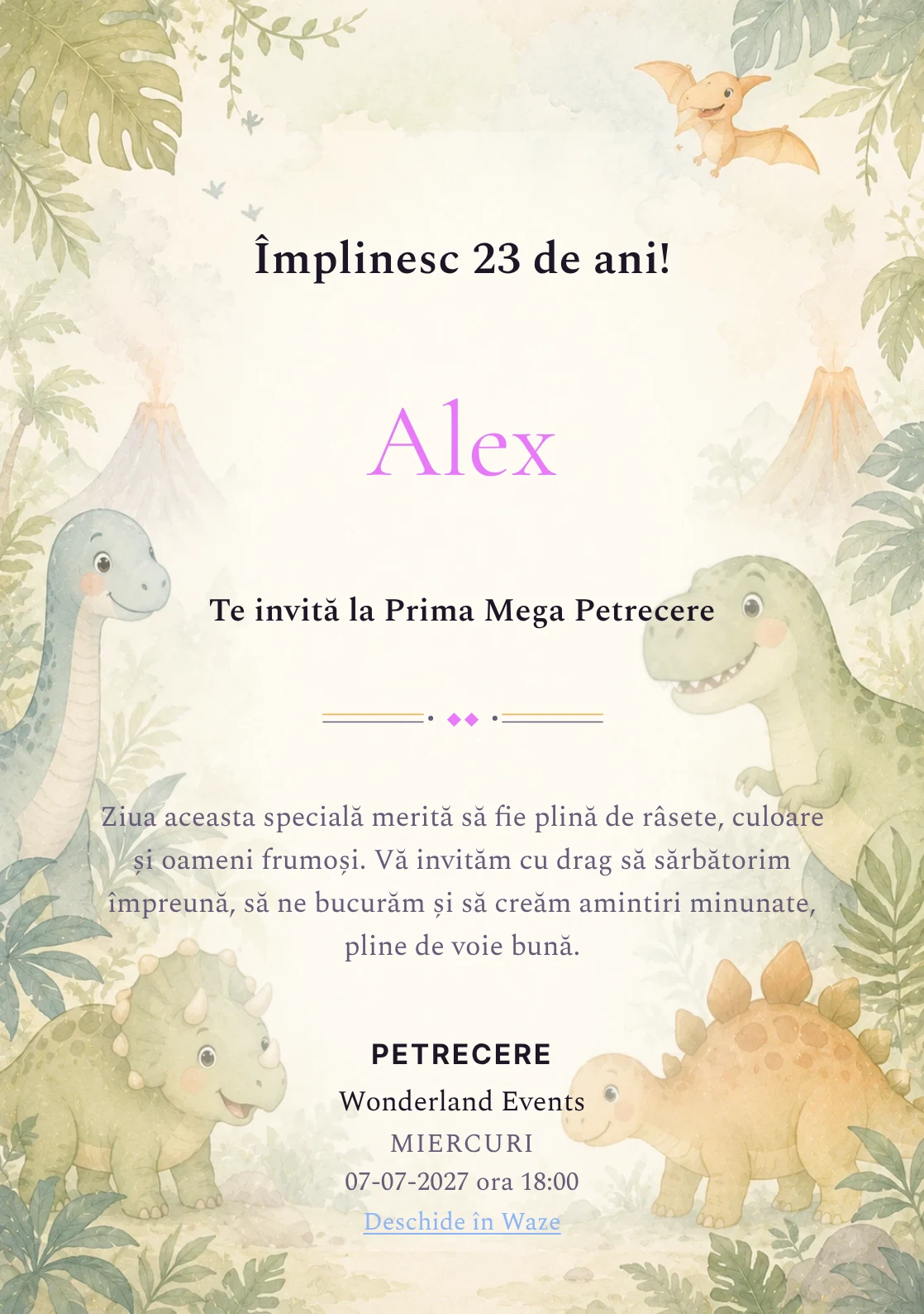 Invitație digitală de zi de naștere Lumea Dino, fundal pastel cu familie de dinozauri, frunze și vulcani soft