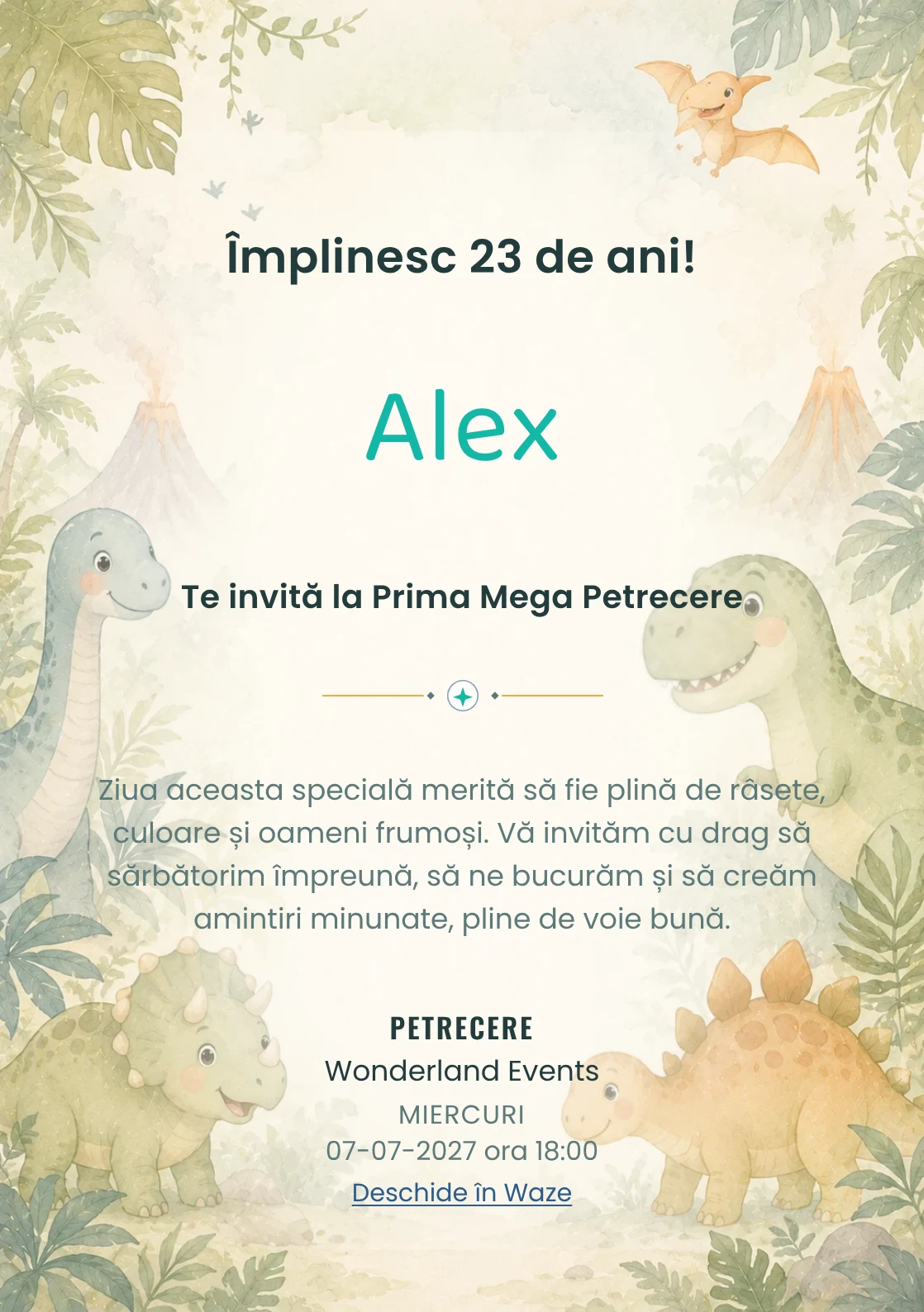 Invitație digitală de zi de naștere Lumea Dino, fundal pastel cu familie de dinozauri, frunze și vulcani soft