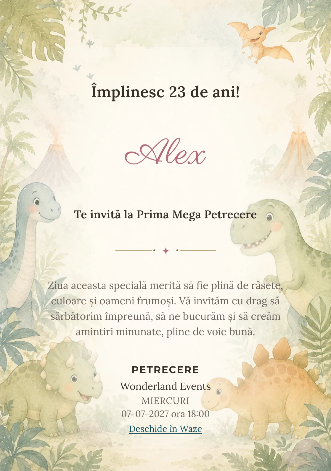 Invitație digitală de zi de naștere Lumea Dino, fundal pastel cu familie de dinozauri, frunze și vulcani soft
