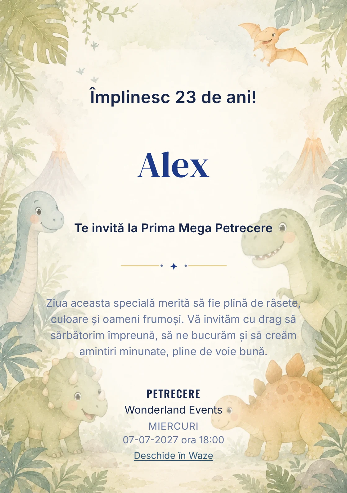 Invitație digitală de zi de naștere Lumea Dino, fundal pastel cu familie de dinozauri, frunze și vulcani soft