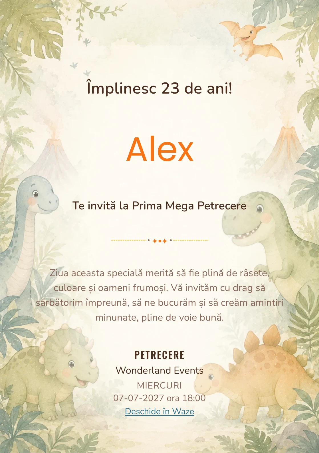 Invitație digitală de zi de naștere Lumea Dino, fundal pastel cu familie de dinozauri, frunze și vulcani soft